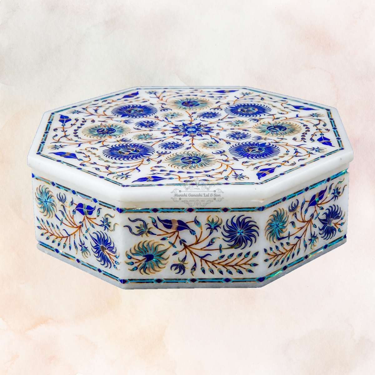 Blue Colour Designed Octagon Shape Marble Jewellery Box